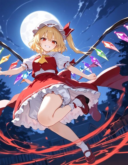 score_9, score_8_up, score_7_up, BREAK 
source_anime, best quality, masterpiece, rating_safe <lora:sdxl_lightning_8step_lora:1> BREAK 
1girl,  BREAK 
<lora:flan_nrm_v2_pony:1>flanN, flandre scarlet, (blonde hair:1.2), side ponytail, red eyes, red hair bow,hair between eyes, slit pupils, white headwear,
white puffy sleeves,white sleeves, short sleeves, red vest, yellow ascot, red skirt, red frilled skirt, frills, wind, bloomers, 
looking at viewer,looking down, full-length portrait, evil grin, flying, midair, spread arms, magic circle, magic effect,
outside, night, night sky,full moon, huge moon, bloodmoon,  moon, backlighting, scenery, depth of field,