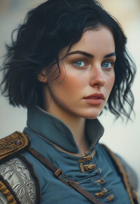HUD, 4k, Highly detailed and stylized portrait of an historical female soldier from the 16th century. The subject is a young woman with fair skin, short wavy black hair, and piercing blue eyes. (((One beautiful woman))), with black hair, wavy black hair, bob cut hair, big bust, athletic build, muscular,
One beautiful woman, with black hair, 
((random detailed background))
 (8k uhd:1,4)
(((full-clothed))),
 <lora:add-detail-xl:1>
 <lora:Dynamic Poses:1>