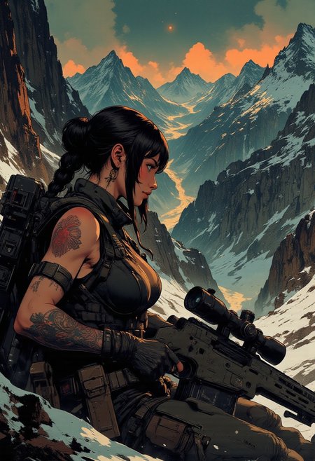In the style of ff-td, nistyle, Silhouette Art, magnificent, crisp lines, closeup portrait of stunning mercenary, mountain top, overlooking a huge valley, beautiful girl, breasts, curvy, looking down scope, looking away from viewer, laying on the ground, aiming a sniper rifle, dark braided hair, backwards hat, armor, sleeveless, arm sleeve tattoos, muscle tone, dogtags, sweaty, foreshortening, depth of field, at night, night, alpine, lightly snowing, dusting of snow, 
Closeup, detailed face, freckles,