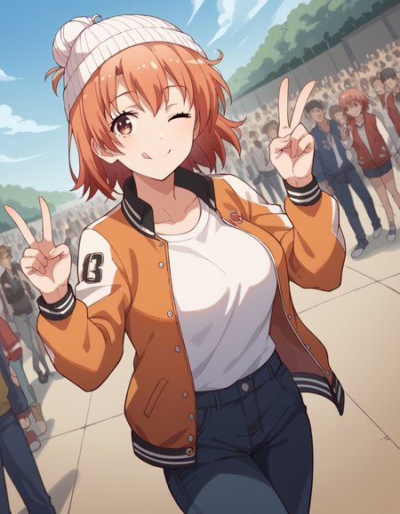 score_9, score_8_up, score_7_up, source_anime, <lora:yui-yuigahama-s2s3-ponyxl-lora-nochekaiser:1>, yui yuigahama, short hair, brown eyes, orange hair, hair bun, single hair bun, large breasts,, <lora:letterman-jacket-ponyxl-lora-nochekaiser:1>, letterman jacket, jacket,, outdoors, crowd, people, v, v over eye, one eye closed, tongue out, smile, beanie, pants, open clothes, open jacket,, cowboy shot, solo, looking at viewer, dutch angle,