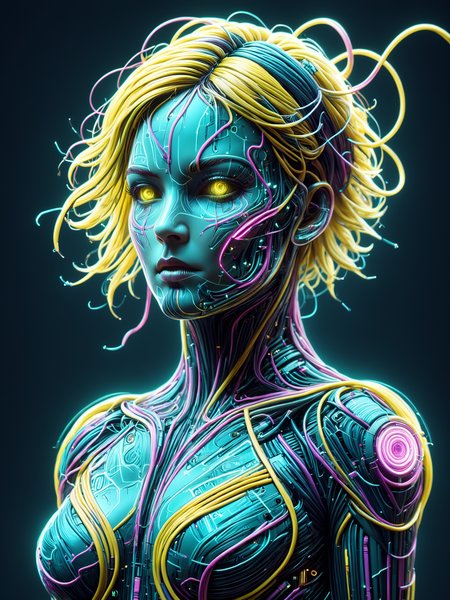 female cyborg made of mad-cable,  in the style of alphonse mucha, geometric pattern in the background, neon yellow lightning, neon teal lightning, neon magenta lightning, cables, wires, synthwave, vaporwave, retro futurism, circuitboard, dark futuristic <lora:Dark_Futuristic_Circuit_Boards:0.6>    <lora:Cables_SDXL:0.8>  <lora:Neon_Cyberpunk_SDXL_Cyberspace:0.5> mad-cyberspace, cyberpunk, scifi, 1980s, retro <lora:aesthetic:1> aesthetic <lora:sd_xl_dpo_lora_v1:1>, (masterpiece:1.2), best quality, (hyperdetailed, highest detailed:1.2), high resolution textures