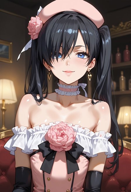 (score_9,score_8_up,score_7_up:1), nsfw, uncensored, dark, low-key, view from center, ambient lighting, rating_explicit, verybadimagenegative_v1.3, <lora:add-detail-xl:1>,  source_anime, 2D, Expressiveh!, (high detailed skin:1.1), (high quality:1.1),
((((Ciel_PhantomhiveBB,1girl,blue eyes,black hair,long hair,twintails,hair over one eye,flower,choker,hat,pink headwear,dress,frills,crossdressing,bare shoulders,rose,elbow gloves,earrings, flat chest,)))), (((pillow, standing before sofa, leaning forward, big ass, love)
((( seductive pose, erotic pose ))), shiny skin, oiled skin, wide hips, seductive smile, trembling, 
((( standard living room, shelves, dark room, low light, dark background, dark ambient, blurry background, ))), 
(((motherly, heartfelt smile, seductive face, sexual charisma, head tilt))), half closed eyes, (shiny skin),