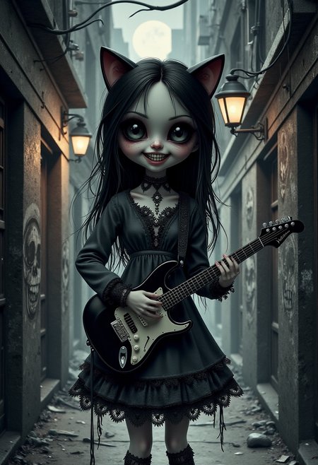 yfg-ge0m, Gothic illustration style, a creepy doll-like figure with cat ears holding a guitar, standing in a dark, eerie alley, over-sized black eyes and a wide grin, tattered dress with intricate lace details, dim streetlights casting long shadows, skull graffiti on the walls, background with industrial elements, muted color palette with shades of gray and black, textures of decaying wood and metal, atmosphere filled with a sense of dread and mystery.