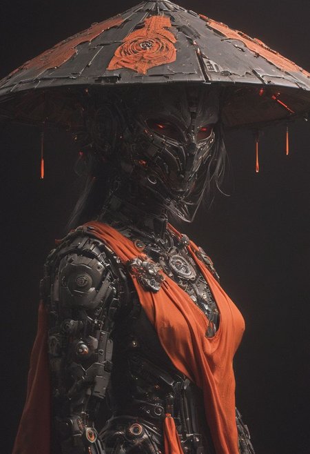 Red and Grey color graded glamour portrait photo of an Cyborg Samurai, macro, a captivating vibrant dark neon capturing the essence of a cyborg Bedouin sorcerer in fight stance, defying expectations by conjuring a whimsical robot 'freak' from an oversized sedge hat. ethereal, smoky backdrop. throwing a translucent orange/tanslucent purple/black, weapon, katana, holding katana, atmospheric haze, Film grain, cinematic film still, shallow depth of field, highly detailed, high budget, cinemascope, moody, epic, OverallDetail, gorgeous, 2000s vintage RAW photo, photorealistic, candid camera, color graded cinematic, eye catchlights, atmospheric lighting, skin pores, imperfections, natural, shallow dof