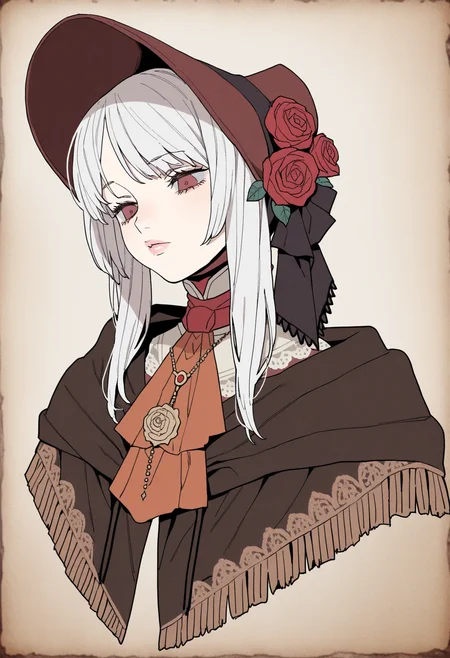 masterpiece,best quality,amazing quality,
1girl, solo, flower, bonnet, long hair, bangs, white hair, ascot, cloak, upper body, rose, lips, hat,
plain doll, 
 <lora:Dayama_epoch_8:1>
