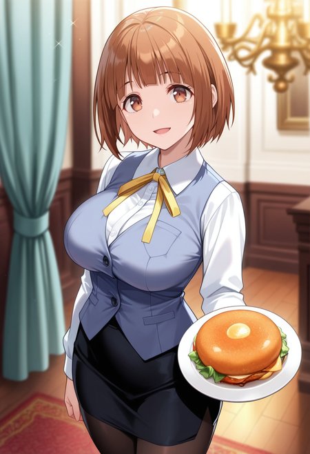 masterpiece, best quality, amazing quality,arino yayoi, brown eyes, brown hair, short hair, mature female, 1girl, breasts,solo, large breasts,white shirt,blue vest,black skirt,pantyhose,yellow ribbon,open mouth, light smile, holding plate, arm at side, standing, looking at viewer, cowboy shot,indoors, curtains, chandelier, blurry background  <lora:arino yayoiV1:1>