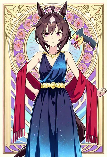 ((1girl, Believe\(umamusume\), seviper,  standing, wearing ancient greek gown, long shawl,)) flat chest, mix colored nebula background, umamusume ,  ahoge , shiny skin, sauce_anime, 1 girl , solo , (1girl , 
animal_ears ,  bandeau , black_shirt , black_shorts , blue_jacket , blue_pants ,   horse_ears , horse_girl , horse_tail , jacket , long_sleeves , midriff,solo , standing , tail , white_background , ,18 years old woman , 20 years old woman : 0.7) ,
believe_\(umamusume\) ,  pants , red_eyes , shirt , short_hair ,
 ,