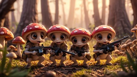 cartoon, cinematic movie scene, group of cute mushrooms with big eyes and small arms holding tmmygn submachine guns, sunrise, warm light, 
 <lora:Thompson_Submachine_Gun_-_1928_SDXL:0.8> <lora:Cute_3D_Cartoon:0.8>