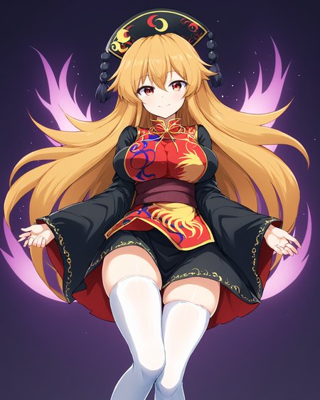 junko \(touhou\),1girl, solo, chinese_clothes, smile, hat, long_sleeves, tabard, wide_sleeves, black_dress, multiple_tails, white_thighhighs, sash, fox_tail, looking_at_viewer, slit_pupils, large_breasts
<lora:junko_(touhou)_image6079_2023-12-20-000007:1>,star-shaped_pupils,symbol-shaped_pupils,. gorgeous,key visual, vibrant, studio anime,award-winning, professional, highly detailed,high budget, cinemascope