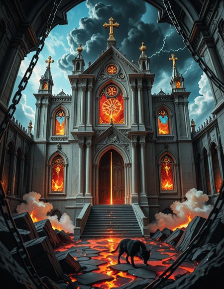 A once-majestic celestial temple, now under siege by the forces of Hell. The grand white stone structure is cracked and scorched, its golden crosses twisted and broken. The stained-glass windows, once glowing with warm divine light, are now shattered, with demonic symbols glowing ominously in their place. The sky, once a serene blue, is now consumed by dark storm clouds, swirling with red lightning and thick smoke.
Black, jagged chains extend from the sky, wrapping around the temple as if trying to pull it down into the abyss. The once-fluffy clouds beneath the structure are now a chaotic mix of fire, ash, and dark mist, with glimpses of molten lava cracks below. Infernal creatures with glowing red eyes lurk in the shadows, their silhouettes barely visible through the smoke and fire.
The temple doors are blown open, revealing an eerie red glow emanating from within, as if Hell itself is consuming the sacred space. Massive demonic runes are etched into the stone, pulsating with an unholy energy. The entire scene is bathed in a deep crimson and orange glow, giving it an apocalyptic and nightmarish atmosphere.
Style & Lighting:
- Dark fantasy, highly detailed
- Dramatic, high-contrast lighting with fiery glows
- Cinematic composition, epic scale
- Strong use of shadows, embers, and atmospheric foghighly detailed and atmospheric view from inside a massive birdcage, large enough for a human to stand inside. The cage is made of ornate, aged metal bars with intricate Victorian-style patterns, curving elegantly towards the domed ceiling. Sunlight filters through the gaps between the bars, casting long, dramatic shadows on the wooden floor. Delicate vines and small flowers have begun to grow around the bars, adding a touch of nature reclaiming the space. The background beyond the cage is blurred, hinting at a lush garden or a mysterious, abandoned mansion. The ambiance is serene yet slightly melancholic, with warm golden light illuminating dust particles floating in the air. Soft feathers are scattered on the floor, adding to the sense of quiet abandonment. The perspective makes the viewer feel as if they are inside the cage, looking outward, surrounded by both beauty and confinement. The style is highly detailed and realistic, with a cinematic and slightly surreal atmosphere.
<lora:SDXLFaeTastic2400:0.4> <lora:extremely_detailed:0.4> extremely detailed, <lora:evil_celestial_t3mpl3-i:1>,evil celestial t3mpl3, Masterpiece,best quality,hi res,8k,hi res,8k,award winning,(sharp focus, intricate, highly detailed),