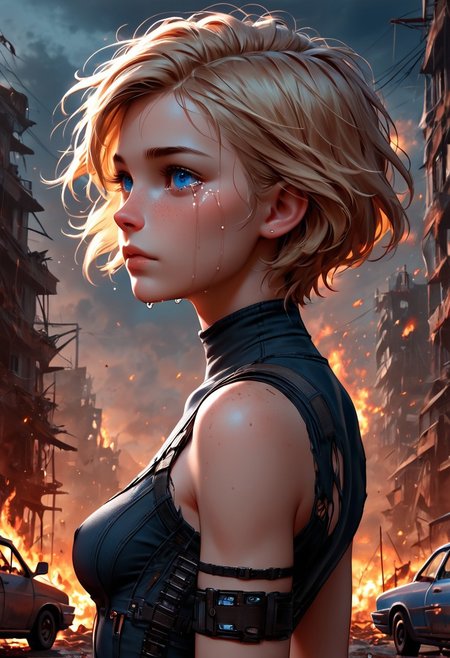 1girl, Masterpiece, 4k, ultra high detail, score_9, score_8_up, score_8, petite, medium breast, short blonde hair, fcNeg, stunning blue eyes, freckles, white skin, small nose, innocent beauty, slim face,  skinny petite body, 
Torn sport clothes
Dark sky, burning sky, nighttime, night, 
Fear in her eyes, crying, 
Sideview,  Apocalyptic scene, burning skyscraper, burning city, derstroyed cars, a huge asteroid swarm in the sky, 
Many asteroids in the sky, 
End of the World, 
negative_hand, NightScapes,