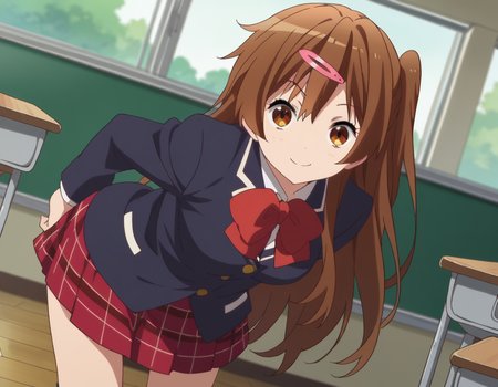 score_9, score_8_up, score_7_up, source_anime,
shinkanibutani, <lora:shinka-nibutani-s2-ponyxl-lora-nochekaiser:1>,
shinka nibutani, long hair, brown hair, hair ornament, brown eyes, hairclip, one side up,
skirt, school uniform, jacket, plaid, kneehighs, plaid skirt, blazer, icho private high school uniform, blue blazer,
indoors, classroom, bent over, smile,
looking at viewer, cowboy shot, dutch angle, solo,