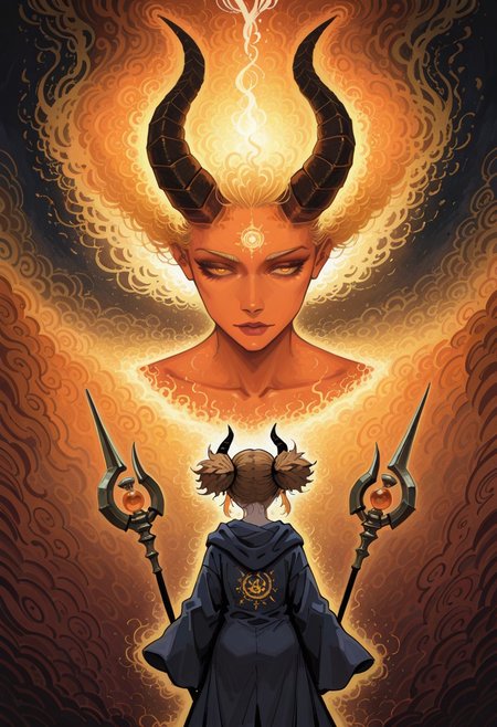 lazypos, character focused, anime girl, demon horns, golden hair, abstract style, painterly strokes, deep blue, fiery orange, holding staff, mystical charm, loose robe, magical aura, side glance, dynamic composition, expressive brushwork, surreal palette, modern fantasy, wind-blown hair, ethereal mood, bold colors, glowing warmth, tarustyle, artist:moriimee