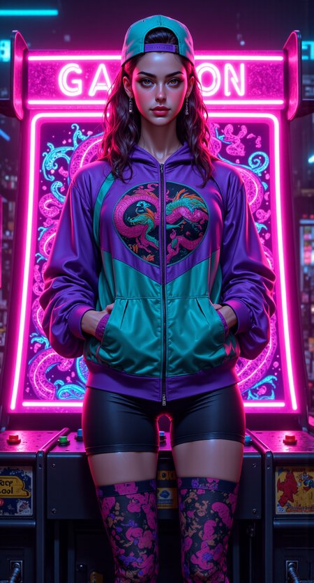 Waist-up shot of a photorealistic woman standing in front of a glowing arcade cabinet with a pixel art dragon wrapping around it. She’s wearing a shiny windbreaker in purple, teal, and hot pink, hair teased and side-swept under a backwards snapback. Her pose is confident, one hand on the joystick, the other in her pocket. A neon sign above reads “GAME ON” in flickering lights.

photorealistic, 90s neon arcade lighting, electric color contrast, teal/purple/pink palette, clean but energetic composition, stylish retro fashion, high-res textures, rad nostalgia






fmlas-mk.1, mythp0rt,