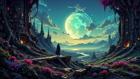 dystopic civilization beautiful  landscape, early morning, woman, very intricate, very detailed, sharp, bright, colorful, <lora:Hand v2:0.5> <lora:Anti-Blur:1><lora:Insane Detail Slider:0.25>  <lora:flux.1_lora_flyway_Epic-detail_v2:0.3> <lora:fluxenhancer:0.25> <lora:ck-Neon-Retrowave:0.4> ck-rw, in the style of ck-rw,  <lora:Neurocore Anime Cyberpunk:0.8> A digital artwork in the style of cknc