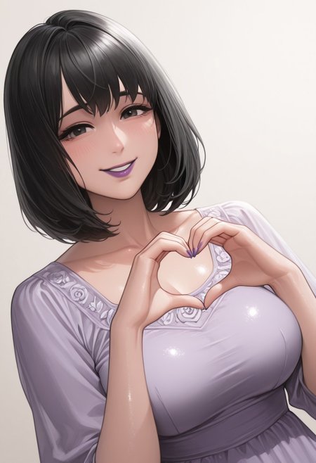 , 1girl, solo, medium build, medium hair, sfw, safe for work, covered skin, flowy dress,  black eyes, purple lipgloss, smiling, portrait, upper body, heart hands, mature female, foreshortening, detailed, newest, shiny skin, cowboy angle, solo focus, medium breasts, suou