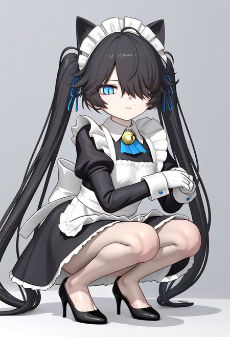 (3D),(((MMD))),(Maid-kasli), solo, white gloves, dress, hair over one eye, maid apron, blue eyes, twintails, cat ears, maid headdress, maid, gloves, 1girl, apron, juliet sleeves, long sleeves, long hair, black hair, animal ears, bell,(Fall down),(squatting down, heels touching each other, legs fully extended outward)