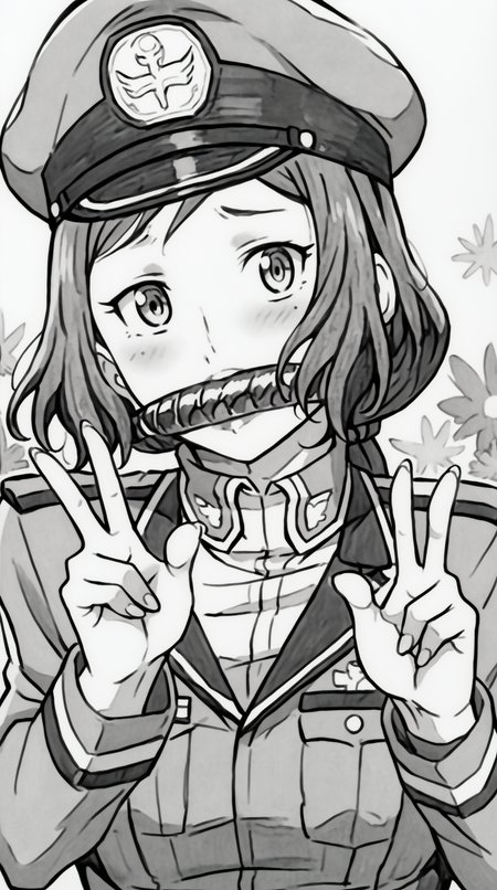score_9, score_8_up, score_7_up, monochrome, manga_source, best background, detailed background, manga, greyscale, monochrome  Iori Rinko, Amano Ameno, solo, hat, uniform, military, military uniform, gagged, naval uniform, v fingers, victory pose, blush, horny,  <lora:JN_Iori_Rinko_Amano_Ameno_Pony:0.8>