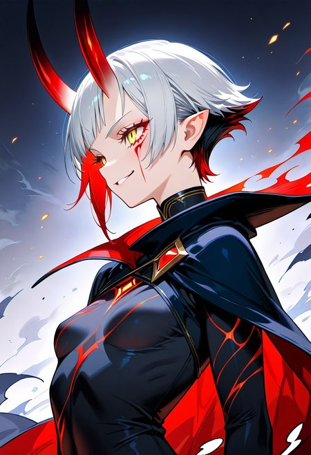 (masterpiece), best quality, 1girl, half face painted in black, gradient red and yellow eyes, gradient color on eyes, gradient colored horns, red and yellow horns, very short hair, half face corrupted, red eyelashes,  long eyelashes, smirk, evil, pointy hair, small breast, asymmetric clothes, one sided coat, one sided cape, athletic, upper body view, side view,