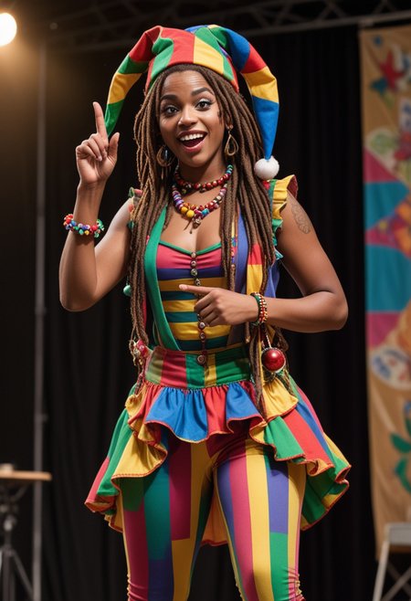 (medium full shot) of man, (colorful jester) young woman, african, dark skin, black eyes, slim build, short hazel dreadlocks hair, wearing a jester hat with bells, striped top with jingle bells, patchwork leggings, jester shoes , colorful scarf, set in  Performance Stage, outdoor stage with colorful decorations, large audience area, spotlights, sound equipment, decorative banners, at night, woman surprised, open mouth, pointing her finger at the viewer, Masterpiece,best quality, photo, realistic, very aesthetic, detailed face,