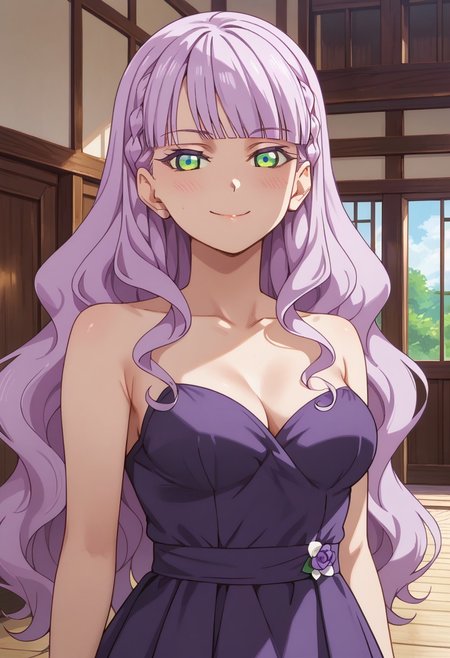 score_9, score_8_up, score_7_up, score_6_up, uncensored, BREAK, best quality, masterpiece, uncensored, detailed background, indoors, outdoors, wien, light purple hair, long hair, green eyes, wavy hair, blunt bangs, braid, medium breasts, elegant long purple dress, blush, gentle smile, close up