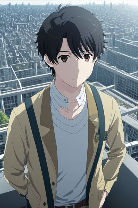 high resolution, solo, best quality, 1Boy, Portrait, Inaho Kaizuka, Black Hair, high-rise, top of building, landscape, depth of field,