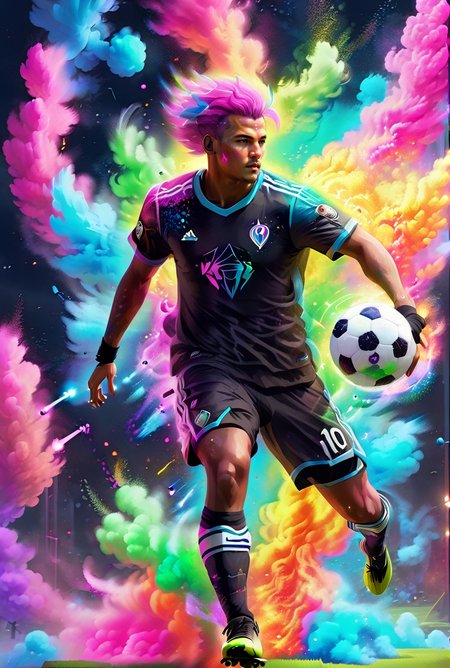 ethereal fantasy concept art of  a cyberpunk landscape of a soccer player shooting a soccer ball at a goal, depicted as an explosion of a nebula,  <lora:ChalkDustStyleSDXL:1.2> ,colorful chalkdust splashing in the air, water splashing on the ground, impression photoshoot, <lora:sdxl_photorealistic_slider_v1:1>, John Zeleznik, Cateran Overlord, Gorn, Arcane Energy <lora:cyborg_style_xl:1> <lora:Haute_CoutureXL:0.3> <lora:flaming-person:0.5> <lora:ge0g1yph1ks :0.4> <lora:SDXLAngelic:0.3>, (masterpiece,best quality:1.5) . magnificent, celestial, ethereal, painterly, epic, majestic, magical, fantasy art, cover art, dreamy