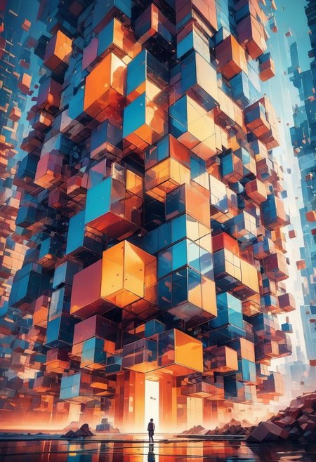 A futuristic building made of cubes fills the entire image. A small person floats in front of it, rich palette and deep, rich textures.