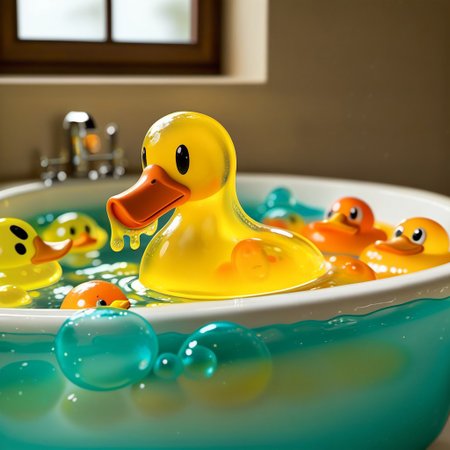 {1duck, 1 bath duck made out of slime, (slime duck:1.5), (yellow slime body:2), (orange slime beak:2), (glossy black eyes:1.5), translucent slime duck, transparent slime duck}
hud_sp_bth, flower, petals, water, bath, in an elegant bath tub, bubbles made out of slime, slimes hiding in the bath bubbles, bubble bath, perspective from inside tub, prespective from inside bath, lots of frothy bubbles, 
everything made of slime, No simple background,
((translucent slime)), ((transparent slime)), (bioluminescent slime), sl1m3d, slime, slime-morph, saturated colors, no humans, no people, no man, no woman,
