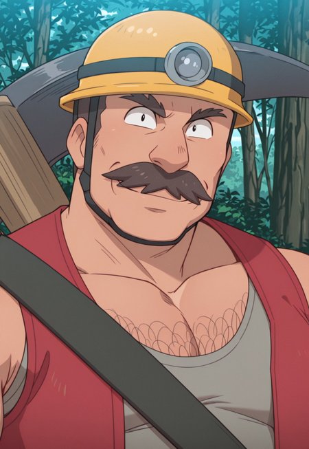 solo, masterpiece, modern, new, 1boy, male, masculine face, daddy looking face, w0lfc0nf

PokemonDozer, short hair, mustache, chest hair, hardhat, pickaxe, red vest, shirt, headshot, looking at viewer, smiling