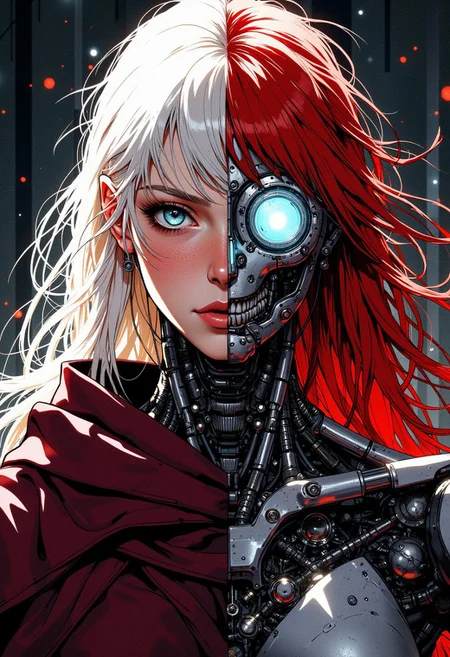 anime, mythp0rt, Dynamic pose, anime style, highly detailed, young woman, dual appearance, long platinum blonde hair (left side), glowing white and bright red hair (vertically divided), pale complexion, piercing blue eye (left), deep red eye (right), bright red cloak, intense expression, melancholic, metallic skin (right side), tousled hair (right), intricate robotic parts, visible circuitry, mechanized glowing eye (right), sleek metallic eye-piece (left), futuristic cybernetic augmentation, walking, dark desolate space background, post-humanity setting, mystery, contrast between organic and robotic.