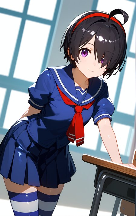 (score_9, score_8_up, score_7_up), standing, leaning forward, looking at viewer, light smile, closed mouth, shiny skin, tight clothes,
ohwx, 1girl, solo, purple eyes, black_hair, hairband, short_hair, hair_over_one_eye, ahoge, red_hairband,
school_uniform, thighhighs, striped_clothes, striped_thighhighs, serafuku, skirt, zettai_ryouiki,
window, sunlight, classroom,
blurry, cowboy shot, dutch angle, close-up,
 <lora:kimi_sato_pony_ss:0.9>