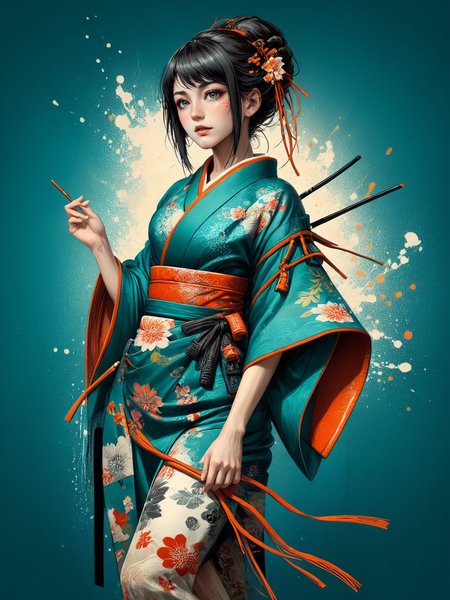 woman wearing a kimono, (mad-cbrpnksplshrt:1.4), <lora:Splash_Art_SDXL:1.3>  teal background, (masterpiece:1.2), best quality