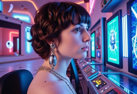 woman side profile, showered with australian money cash currency falling in front of her face, she has a wild look in her eyes like she has just won a jackpot in a very clean white room science experiment, woman of 18 years old with brunette bangs in anervous system and veins bodysuit, curly hair sitting at a modern slot machine. She has no face and only skin for a face. She is surrounded by multi colored bolts of high intensity electricity and lightning as well as holograms of futuristic cubes projecting around the room with eyeballs inside them