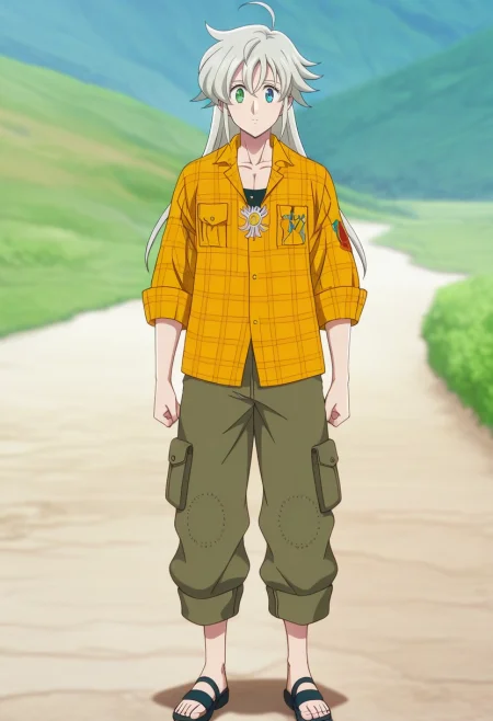masterpiece, best quality, , anime screencap, , , looking at viewer, 1boy, solo, male focus, <lora:tristan_liones_ilxl:0.9>, tristan_liones, grey hair, green eyes, long hair, ahoge, heterochromia, blue eyes, , Digital print CoralReef Lurex Cargo pants, Plaid shirt, Sandals, ,