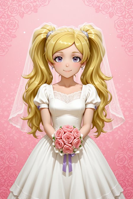 masterpiece, best quality, amazing quality, 1girl, solo, makeup, perspective, general, looking at viewer, cowboy shot, anime screencap, floral background, hair ornament, jewelry, smile, pink background, dynamic angle, <lora:Emily_Stewart_Million:1>, Emily_Stewart_Million, blonde hair, long hair, twintails, purple eyes, breasts, parted bangs, white dress, wedding dress, wedding veil, veil, bridal veil, frilled dress, holding bouquet, <lora:wai-2Rectified-V140:1>, <lora:illustrious_noobai_epsilon_pred_1_masterpieces_v1:1>