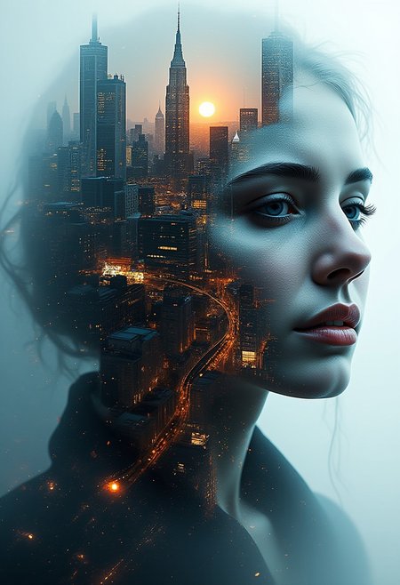 Beauty, realism, cinematography, chiaroscuro, rays of light, play of shadow and light, cinematic quality, Cinematic style. 
a double exposure image that combines a cityscape with a close-up of a person's face, creating a dramatic and artistic effect where the two elements merge seamlessly, The image captures the haunting beauty of a cityscape merging with the detailed features of a person's face,