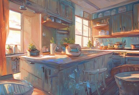 score_9, score_8_up, score_7_up, pmg style, kitchen, sunrise, stove, countertops, window, curtains
