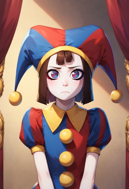 masterpiece,best quality, highly detailed, score_9, score_8_up, score_7_up, score_6_up,<lora:xl_more_art-full_v1:0.8>,
BREAK
 <lora:pomniXL:0.8>pomni,1girl, solo, jester cap, hat, looking at viewer, closed mouth, puffy sleeves, short sleeves,brown hair, puffy short sleeves, upper body, short hair, blue eyes, bangs, frown,circus