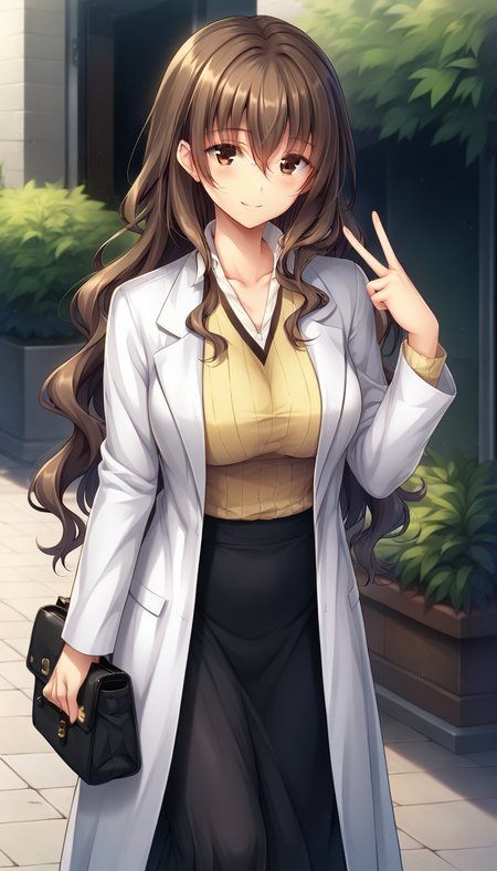 score_9,score_8_up,score_7_up,score_6_up BREAK official art,solo,outdoors,upper body,looking at viewer,facing viewer,smile,blush,Makiura Sayaka,very long hair,brown hair,shiny hair,wavy hair,hair over shoulder,sidelocks,hair between eyes,bangs,brown eyes,collarbone,labcoat,white coat,yellow sweater,ribbed sweater,v-neck,collared shirt,white shirt,dress shirt,long sleeves,large breasts,long skirt,black skirt,black pantyhose,high heels,mary janes,black footwear,<lora:Makiura Sayaka(zasoo)-Pony:1.2>,
