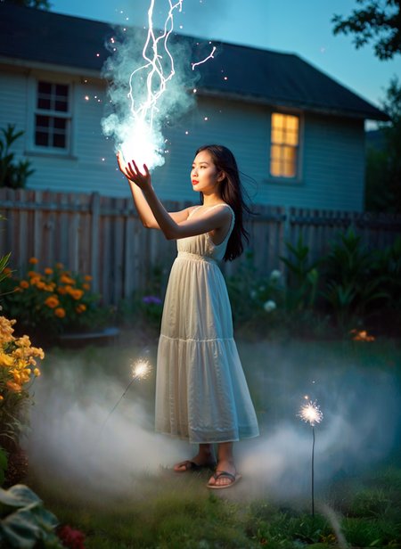 cinematic film still a young woman standing in a garden at night, holding a sparkler in her hand. She is wearing a long white dress and sandals, and her long dark hair is flowing in the wind. The sparkler is emitting a bright blue light that illuminates her face and body. The woman is standing in front of a white house with a wooden fence and a garden with orange and yellow flowers in the background. The sky is dark and the overall mood of the image is peaceful and serene. <lora:add-detail-xl:.5>  <lora:Flux-style-xl-lora:.5>  . shallow depth of field, vignette, highly detailed, high budget, bokeh, cinemascope, moody, epic, gorgeous, film grain, grainy