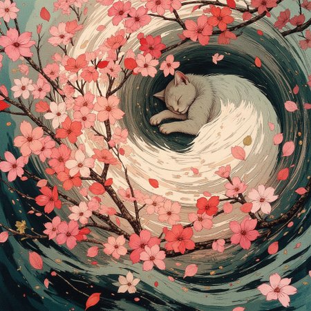 Paint a serene yet dynamic watercolor scene in the Flux art style, where a sleeping cat is *fully nestled within a swirling vortex of cherry blossom petals*. The cat’s body, rendered in soft, muted washes of ash-gray and ivory, is half-buried under cascading layers of petals that pile like delicate snowdrifts. Use bold, sweeping strokes to create a sense of motion, as if the petals are alive—curling over the cat’s back, clinging to its fur, and dissolving into loose, abstract splatters of pink, pearl-white, and blush. Highlight the contrast between the cat’s tranquil posture and the chaotic energy of the blossoms, with petals rendered in translucent, overlapping layers that deepen into coral and magenta near the edges. Add flecks of metallic gold ink to suggest sunlight glinting through the floral storm, while keeping the Flux style’s raw, textured spontaneity. For the background, blur into watery gradients of slate blue and moss green, hinting at a windswept garden where blossoms spiral endlessly toward the sky.Oriental painting