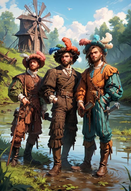score_9, score_8_up, score_7_up, score_6_up, realistic, 3boys, facial hair,  perfect face, dynamic angle,motley, pants,boots, hat, jewelry, plume, weapon, antique firearm, l4ndskn3cht,  outdoors, swamp, Dutch windmill in distance, <lora:landsknecht-PNY-000009:0.8>