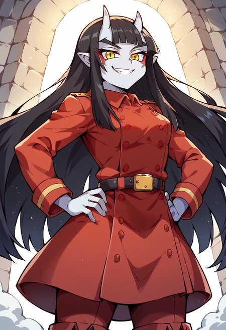 score_9, score_8_up, score_7_up, uncensored, Expressiveh BREAK 1girl, solo, adolfxventure, black hair, long hair, bangs, horns, oni horns, yellow eyes, colored skin, pointy ears, facial mark, red military uniform, trench coat, red coat, belt, red pants, boots, small breasts, hourglass figure, curvy, evil smile, smirk, hands on hips, <lora:adolf_xventure:0.9> <lora:add-detail-xl:0.9> <lora:cfg_scale_boost:0.8> <lora:Expressive_H:0.9> <lora:HandFixer_pdxl_Incrs_v1:0.6>
