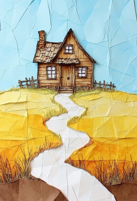 A detailed anime-style illustration of a young girl with large, expressive eyes, set against a light blue background. and also,  A vivid, crumpled paper artwork that captures a rustic wooden house nestled amidst a vast, open field. The house, with its weathered wooden walls and shingled roof, stands out against the backdrop of a clear blue sky. The ground is a mix of golden and brown hues, suggesting a transition between seasons. A winding path leads to the entrance of the house, and the overall color palette is dominated by earthy tones, with the blue of the paper providing a striking contrast. The style of the artwork leans towards realism, with meticulous attention to detail and a touch of surrealism.