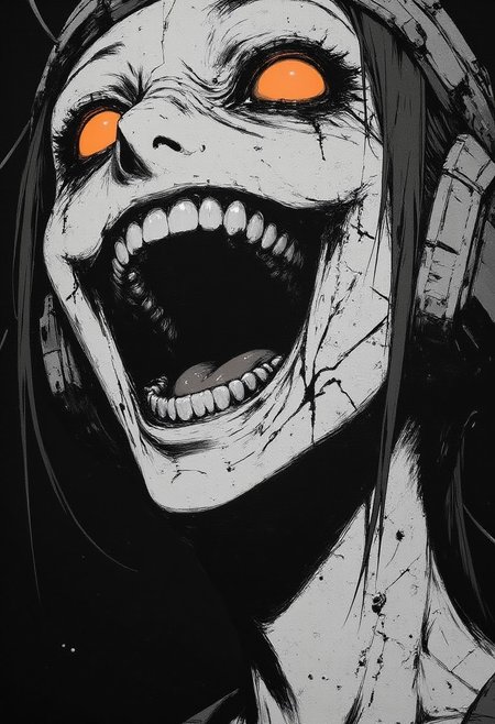 CyberpunkHorrorAnime, 
A close-up drawing of man's shadowy face. The only things visable on his face are his glowing eyes and his wide, menacing grin. His sharp teeth exposed