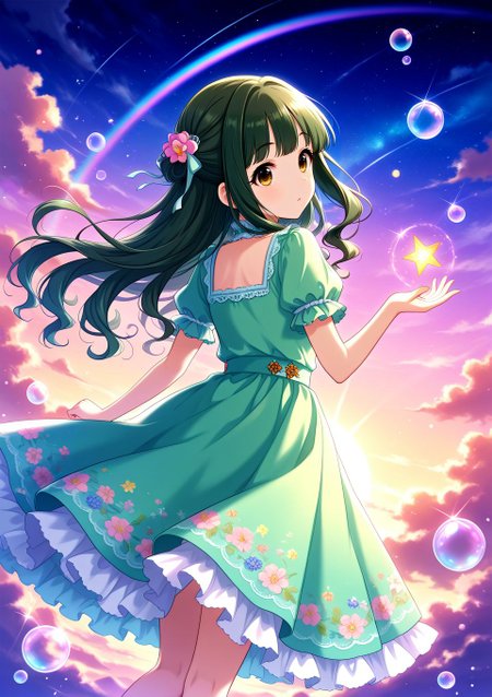 sfw, general, 
<lora:Fujii_Tomo_1607655:0.6>, fujii tomo, brown eyes, dark green hair, long hair, 
idolmaster, idolmaster cinderella girls, green dress, floral embroidery dress, pastel colors, colorful, star \(sky\), night sky, 
<lora:soap-bubble-fantasy-04:0.7>, soap bubble background fantasy, rainbow bubbles, 
<lora:on_cloud_v1_illustrious_d:0.7>, on_cloud, cloud, <lora:brightness_slider:-1>,, BREAK
masterpiece, best quality, amazing quality, very aesthetic, absurdres, newest, 
 <lora:Eyes_High_Definition:0.6>, eyesHD, high gradient eyes, detailed eyes, high definition eyes, 
<lora:LECO_Particles:1>, 
BREAK, general, from behind, looking back, dutch angle,  dynamic pose,