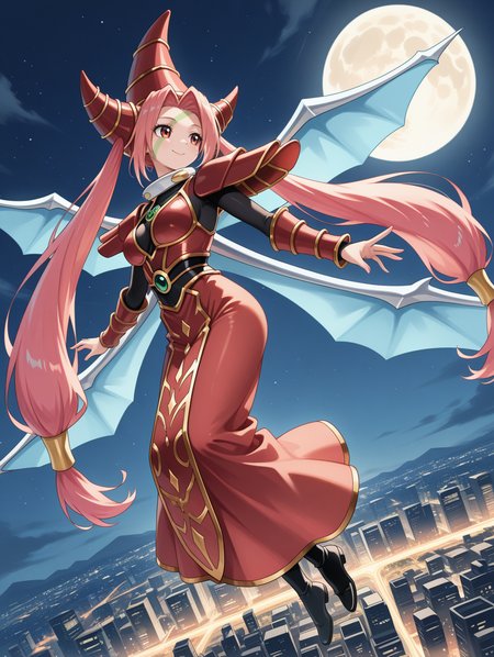 T.G. Wonder Magician,1girl,solo,twintails,smile,full moon,flying,full body,cityscape,green facial mark,black bodystocking,dragon wings,gold hair tubes,red dress,red gauntlets,red wizard hat,black thigh boots,red shoulder armor,looking to the side,
masterpiece,best quality,amazing quality,very aesthetic,apussbsurdres,newest,<lora:T.G. Wonder Magician illuXL v1:0.75>,