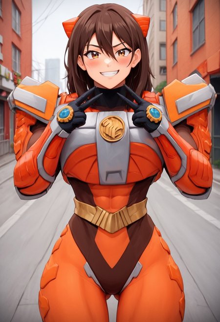 score_9, score_8_up, score_7_up, zPDXL, zPDXLpg, source_anime, <lora:offset_0.2:0.1>, <lora:spo_sdxl_10ep_4k-data_lora_webui:1>,
1girl, solo,
sazervisuel, orange bodysuit, brown leotard, belt, armor, gauntlets, black gloves, tight cloth ,claw \(weapon\)<lora:Sazer_Visuel:1>,
brown hair, brown eyes, hair between eyes, medium hair, hair behind ear,muscular_female_illust, muscular, muscular female, gigantic muscles,vaginal
Seductive smile, blush on face, hands peace ,facing viewer, ass visible through thighs, looking at viewer,
cowboy shot,
outdoors, city, street