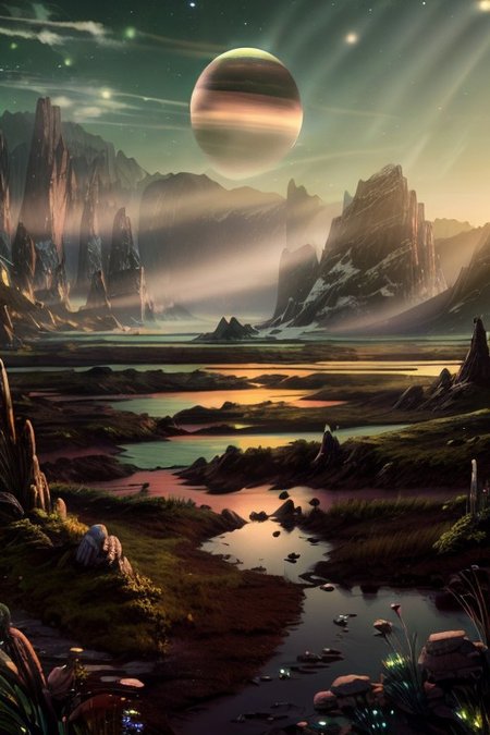 masterpiece, best quality, Rocky mountains stretch upwards in thin peaks into the greenish sky of an alien planet, at the foot of the mountains greenish snow is visible, in the foreground there is a small lake with muddy water, above the lake there is a light greenish haze. A gas giant planet is visible in the sky,  Matte painting, artstation, 4k, high resolution, (masterpiece:1.2), best quality